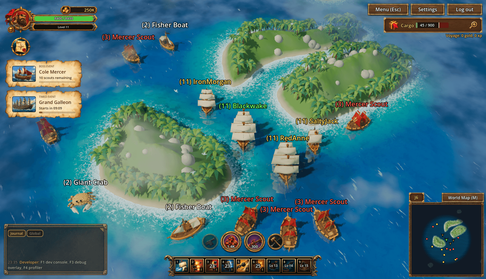 Le groupe navigue entre les îles de la Sapphire Coast, avec les événements de boss et minutés à gauche