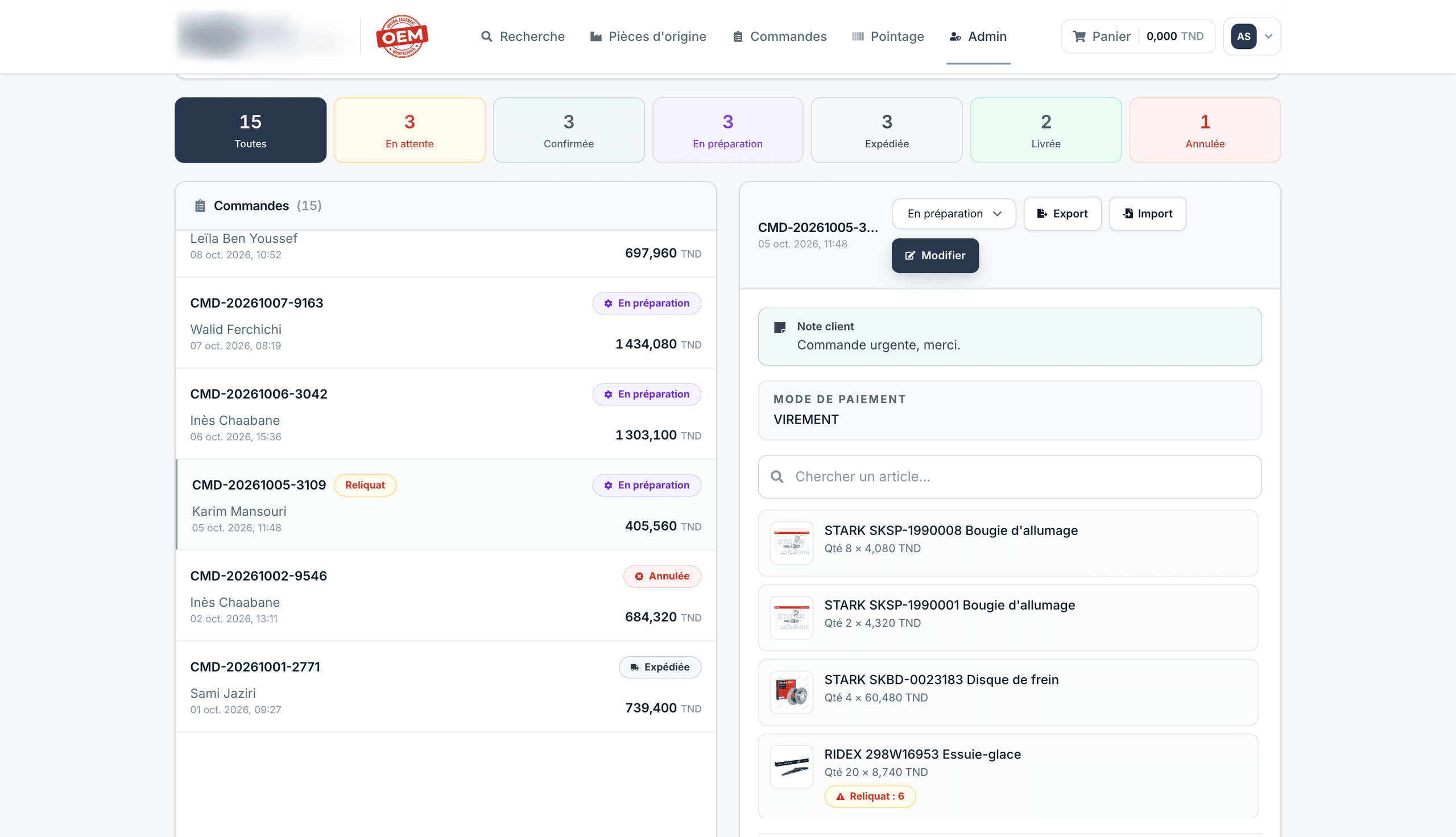 Commandes du back-office par statut, avec la note client, le mode de paiement et une ligne en reliquat pour la commande choisie