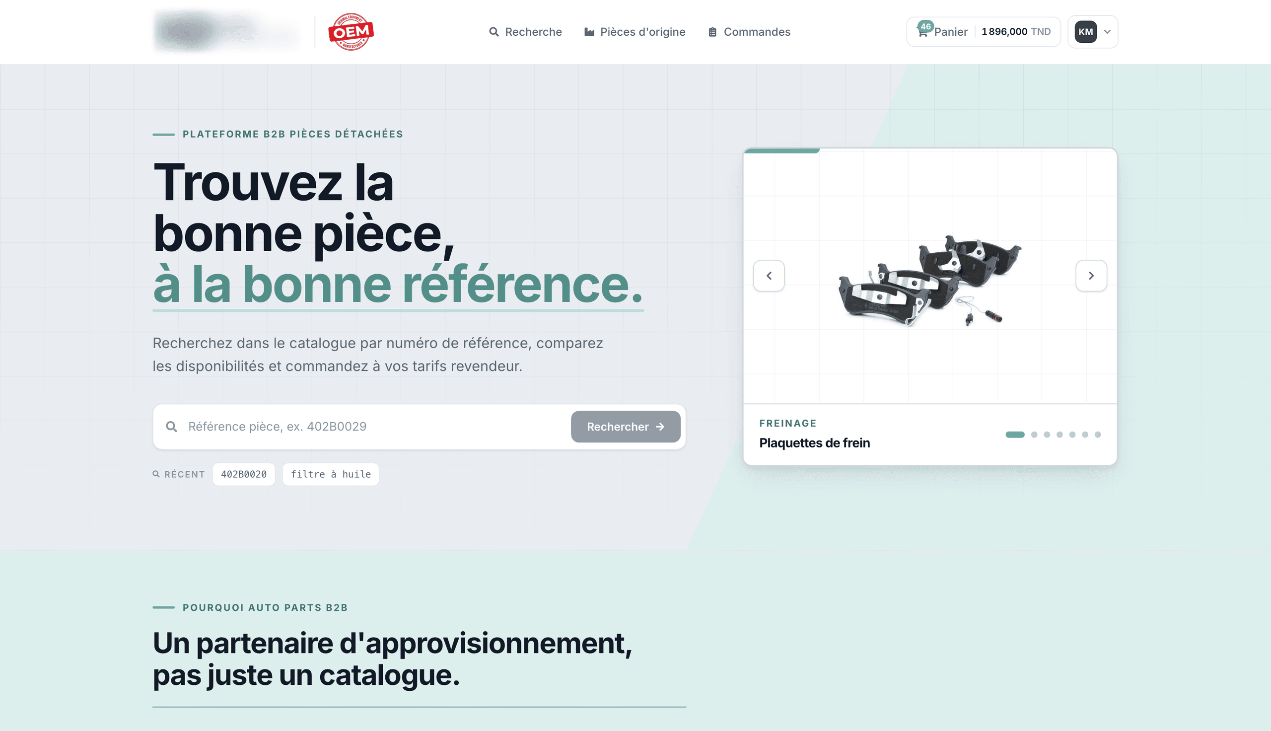 Page d'accueil avec la barre de recherche par référence, les recherches récentes et un carrousel de catégories