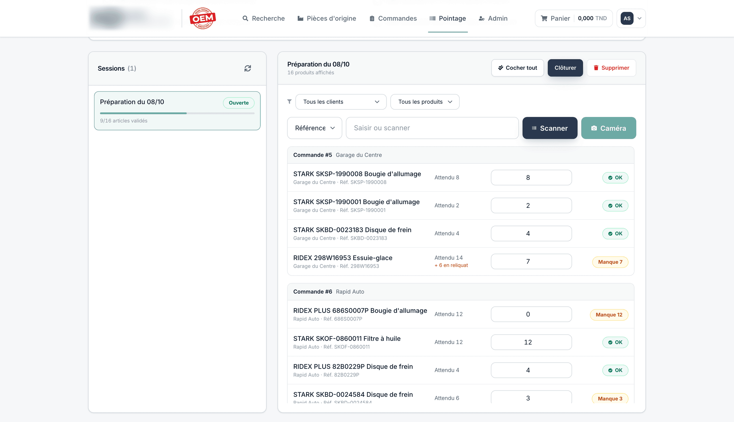 Session de préparation en entrepôt sur plusieurs commandes, avec saisie par scan, quantités attendues et préparées et articles manquants