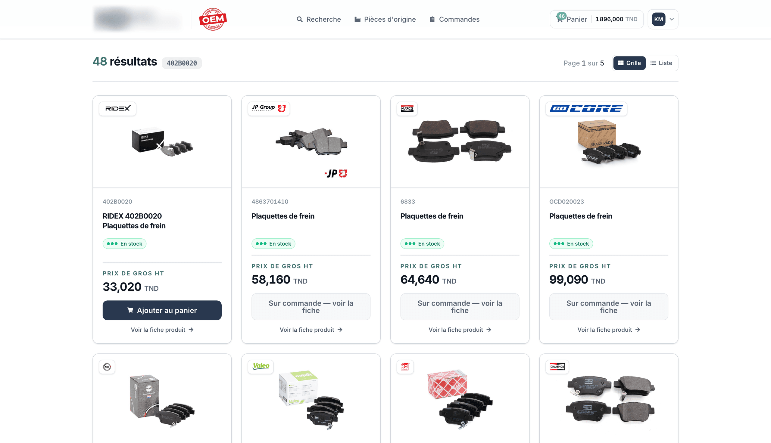 Résultats de recherche pour une référence : l'article du distributeur d'abord, puis les équivalences en stock d'autres marques