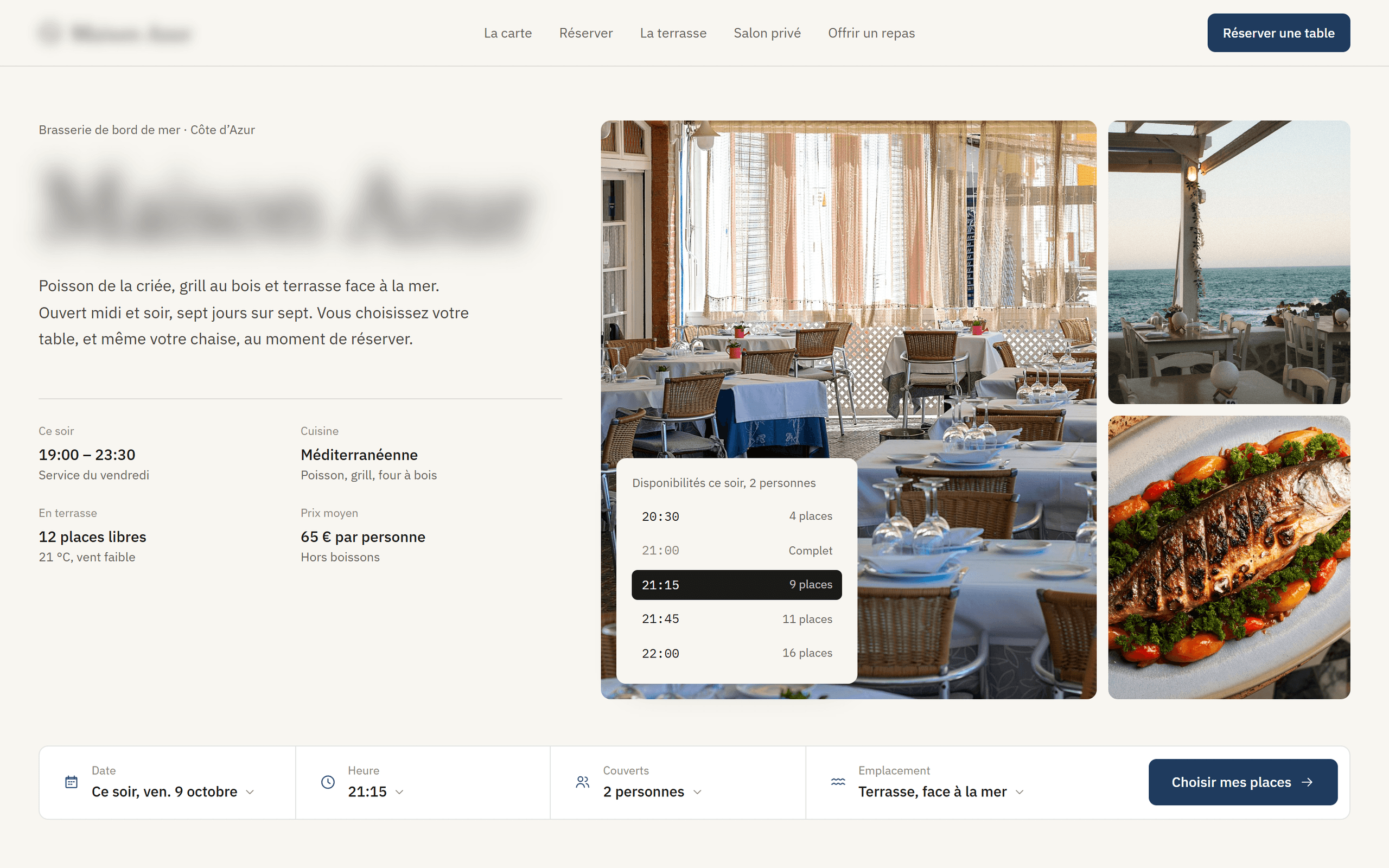 Page de réservation avec disponibilités, photos du restaurant et barre de réservation