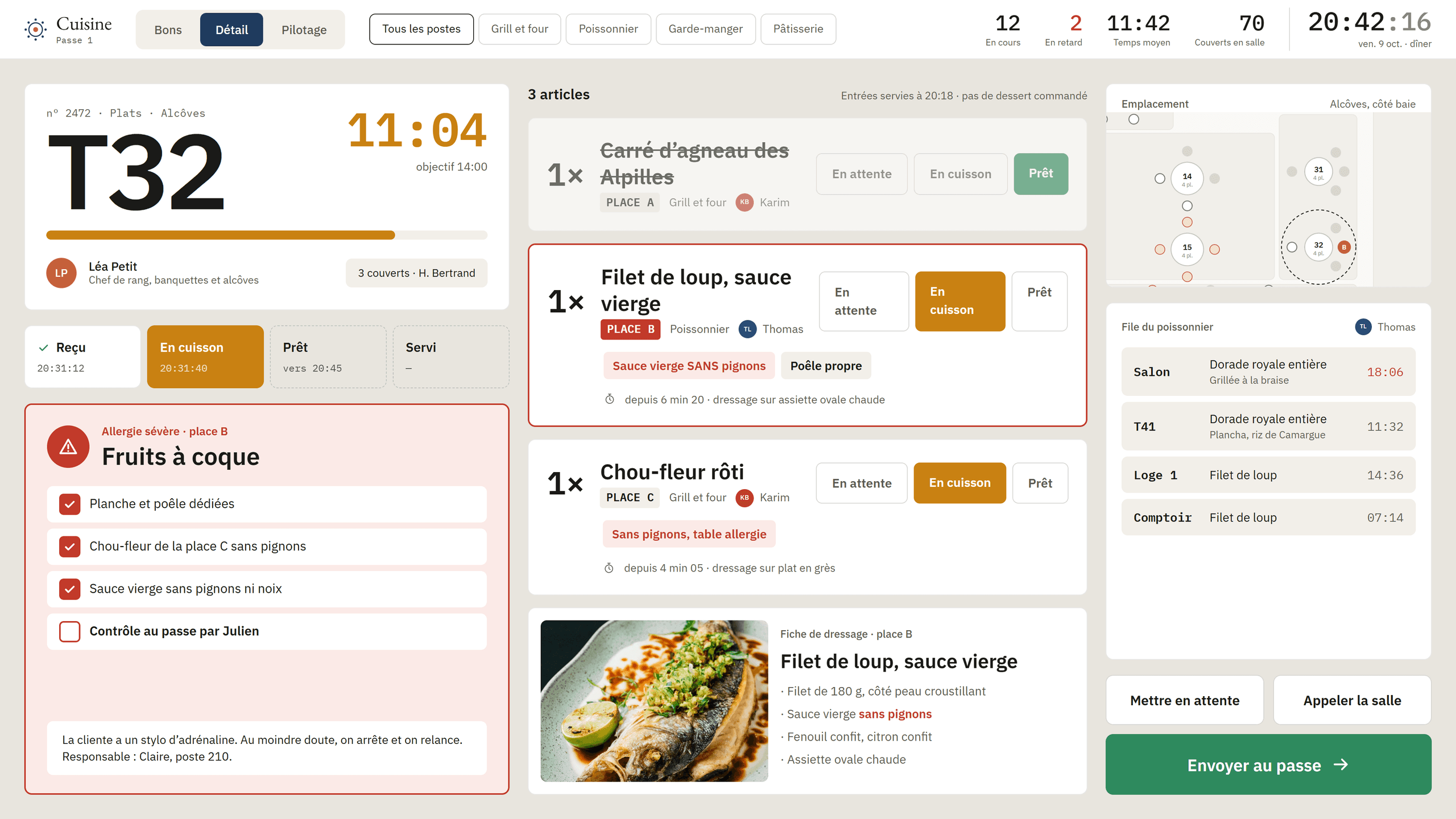 Bon cuisine détaillé avec les plats par place et les notes de préparation