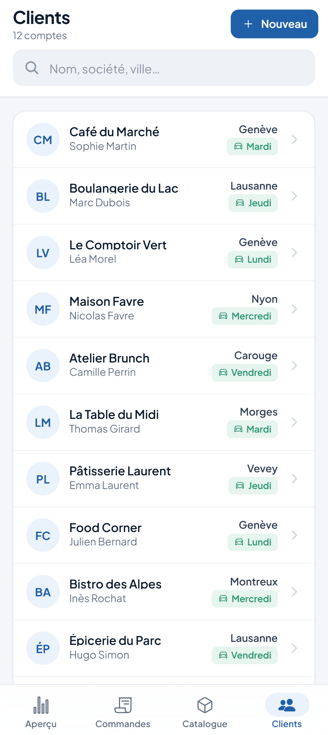 Comptes clients avec ville et jour de livraison