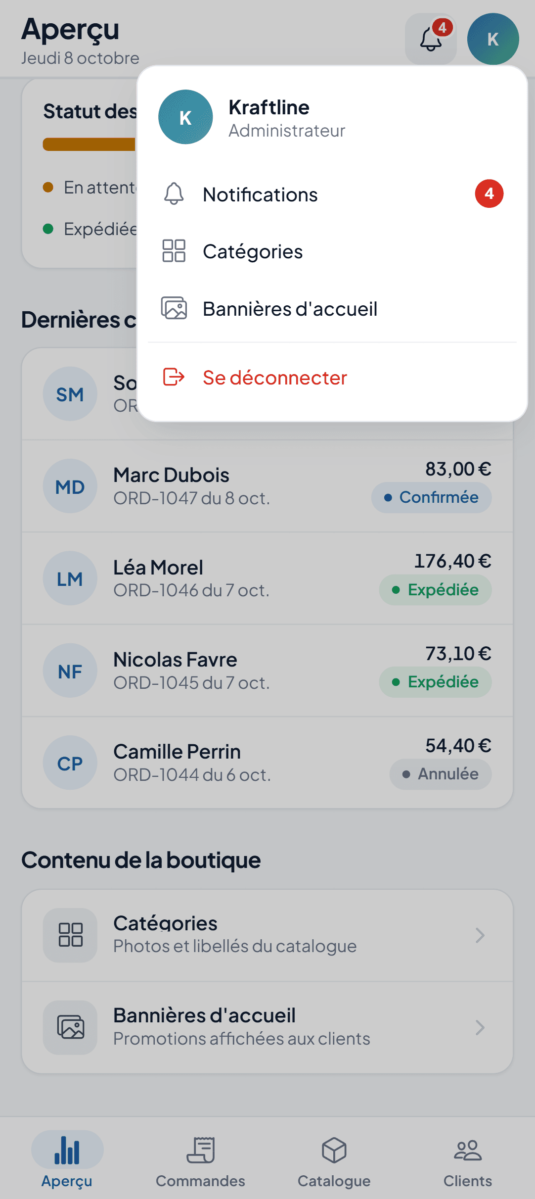 Menu d'administration avec notifications, catégories et bannières d'accueil