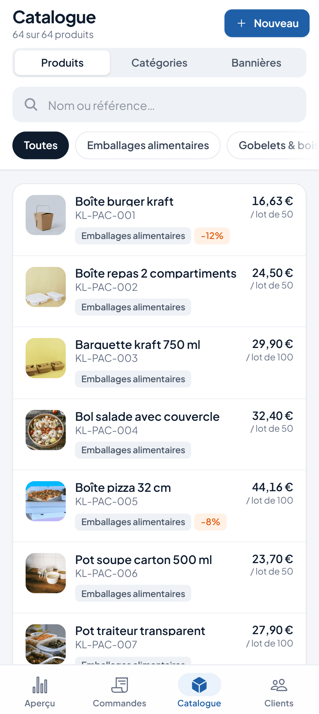 Gestion du catalogue produits avec références, catégories et promotions