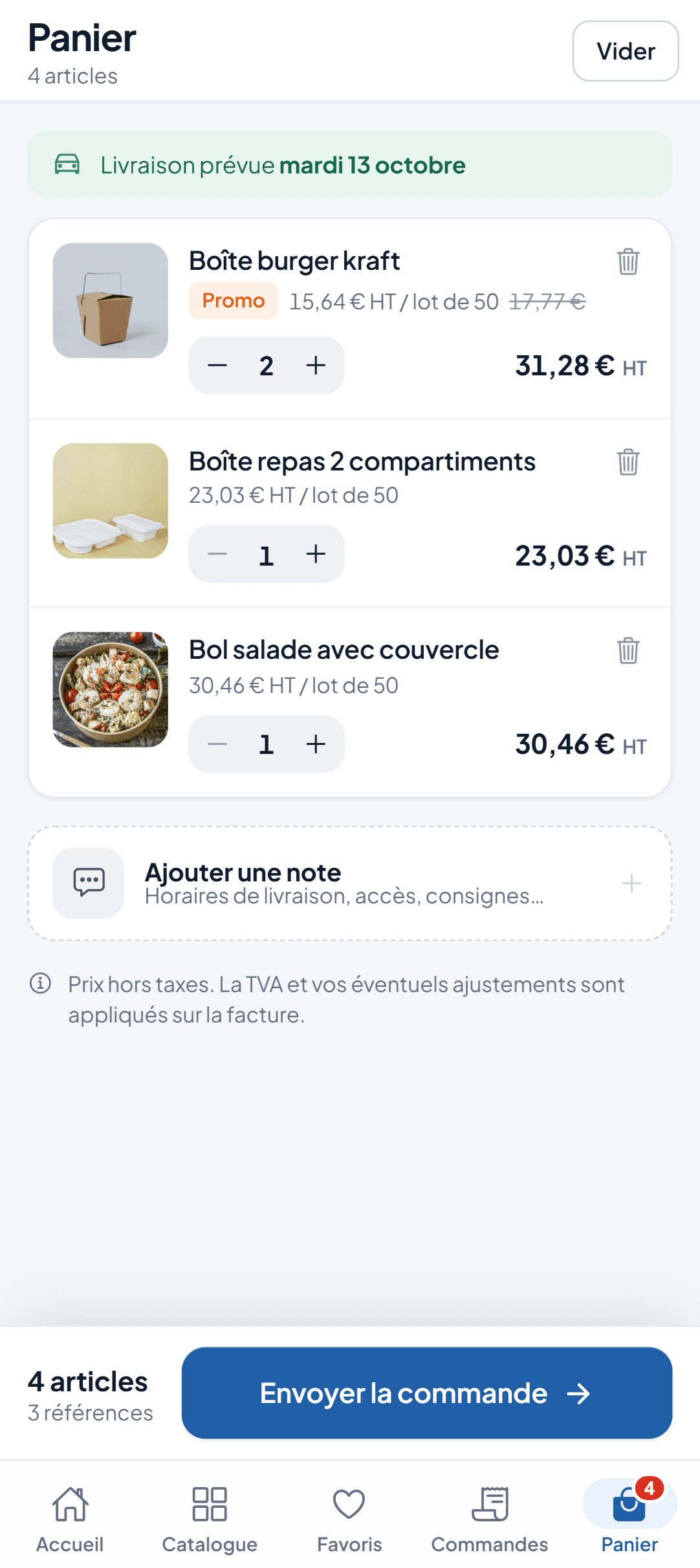 Panier avec date de livraison, total par ligne et note de commande