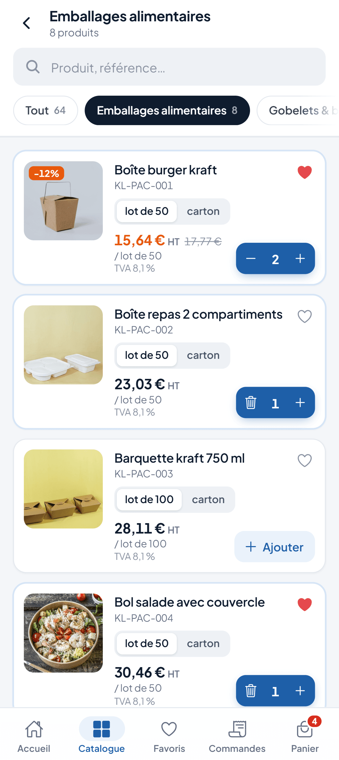 Catégorie du catalogue avec conditionnements, prix négociés et sélecteurs de quantité