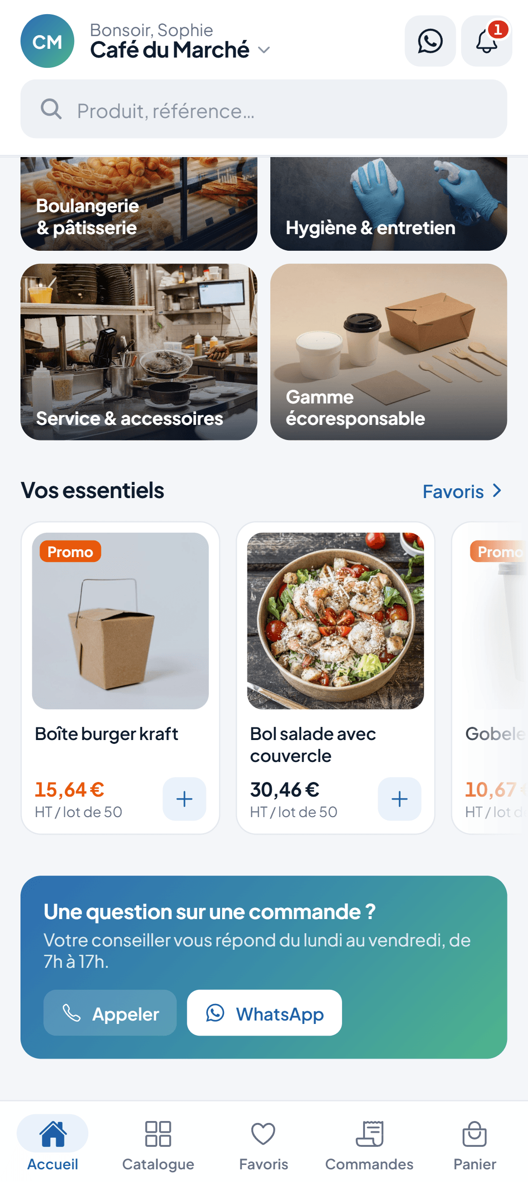 Accueil client avec les essentiels enregistrés, les promotions et la carte de contact du commercial