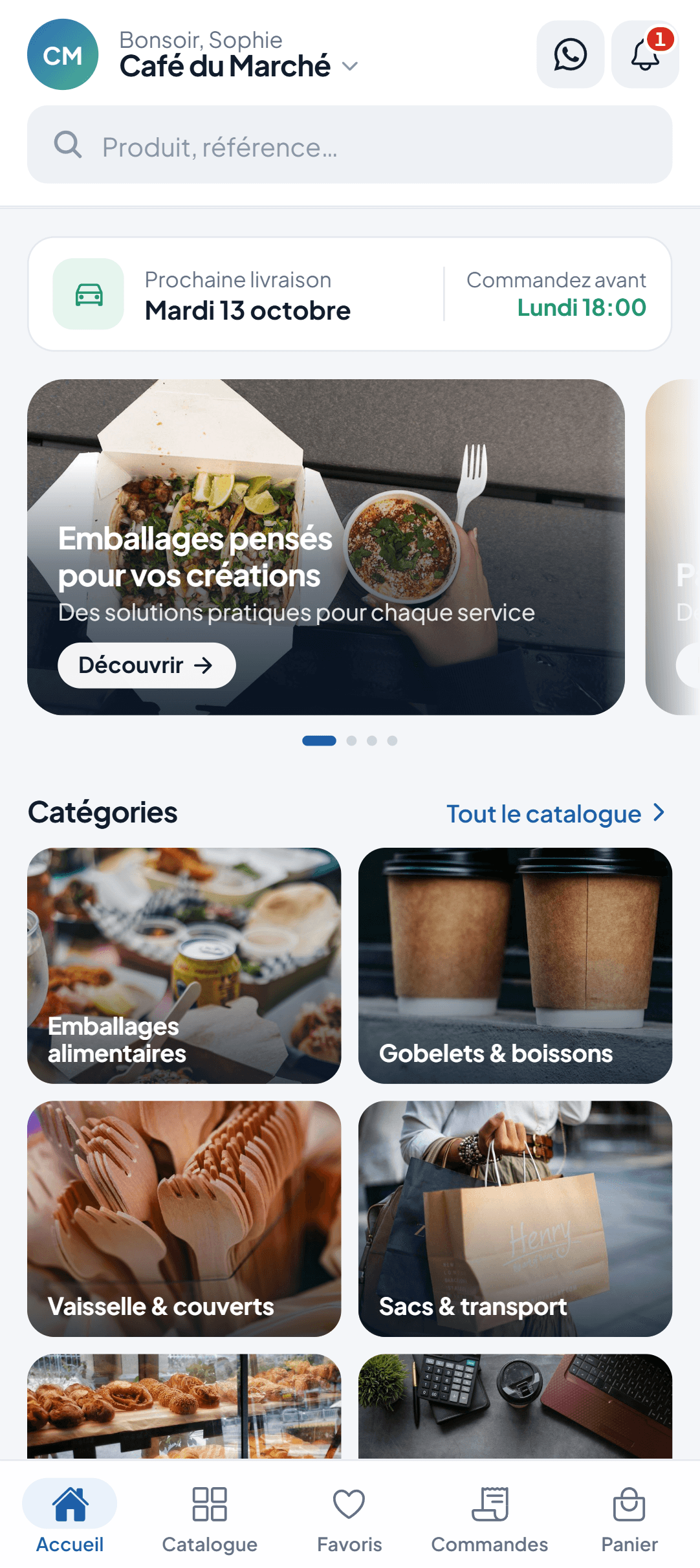 Accueil client avec prochain jour de livraison, heure limite de commande, promotions et catégories de produits