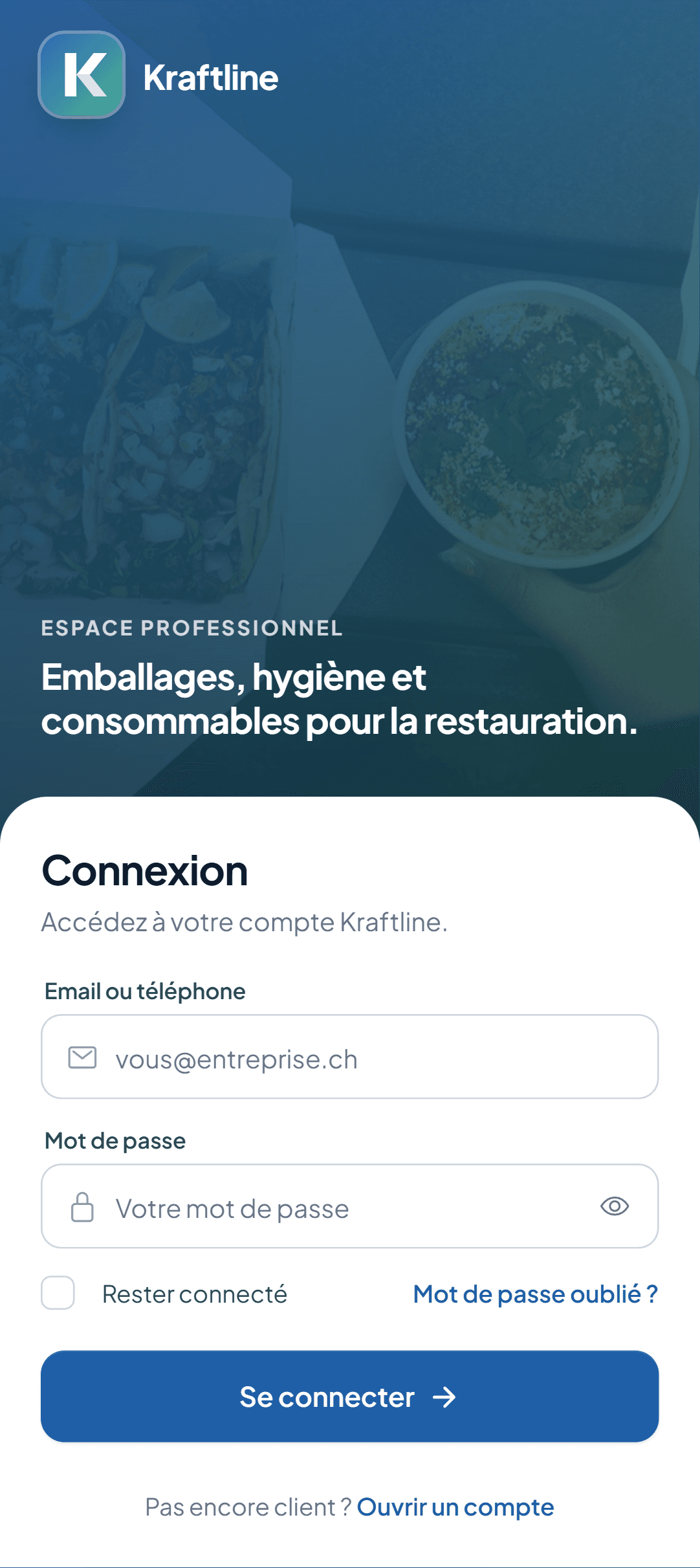 Écran de connexion pour les comptes professionnels