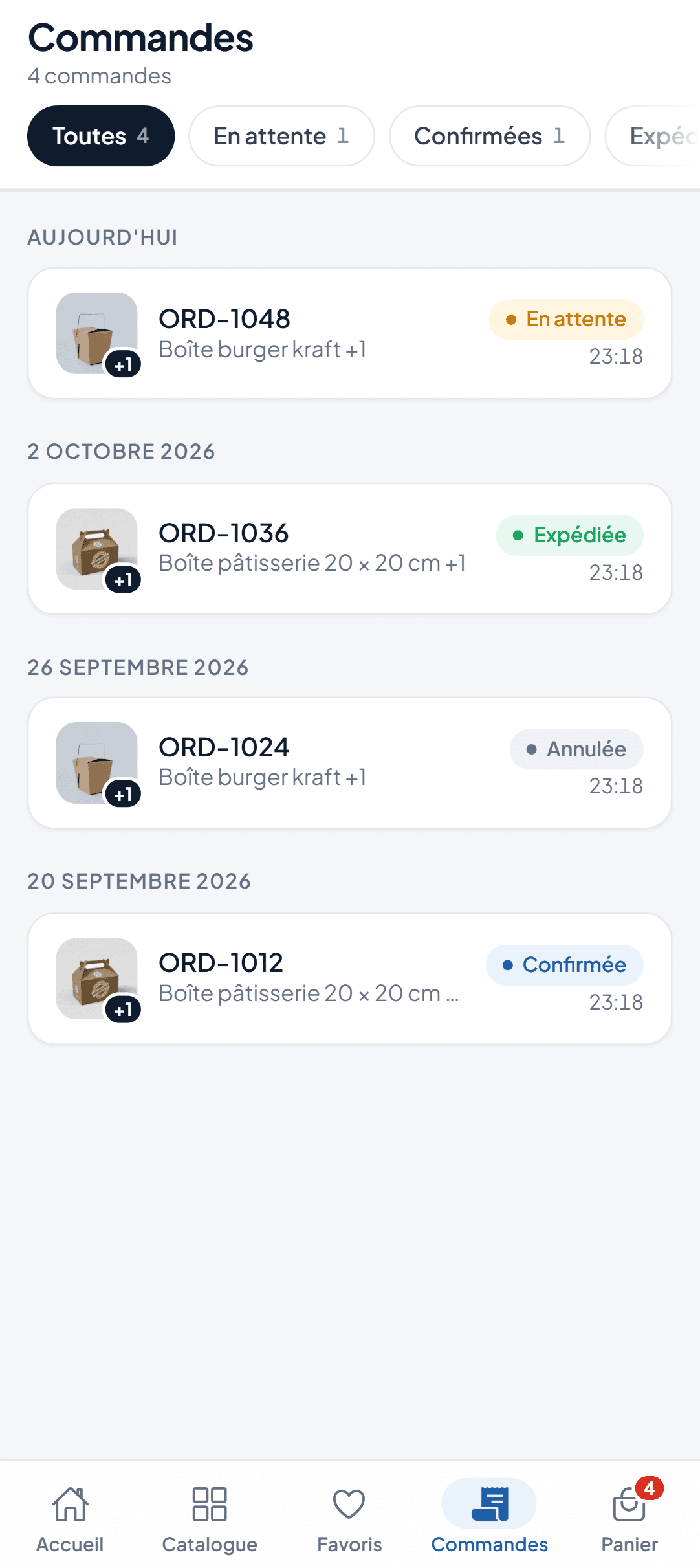 Historique des commandes par date avec les statuts en attente, confirmée, expédiée et annulée