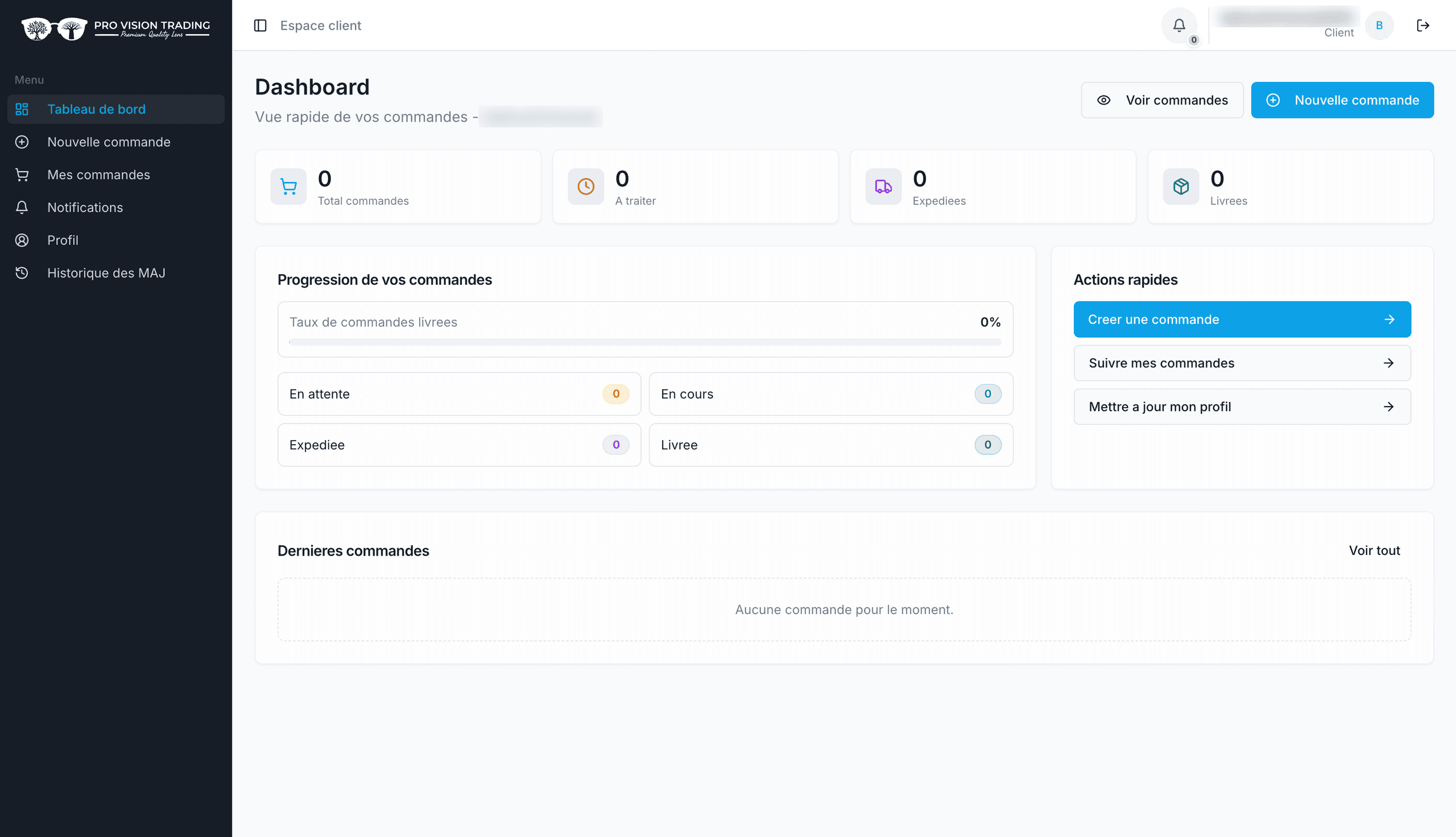 Tableau de bord client avec nombre de commandes, suivi des livraisons et actions rapides
