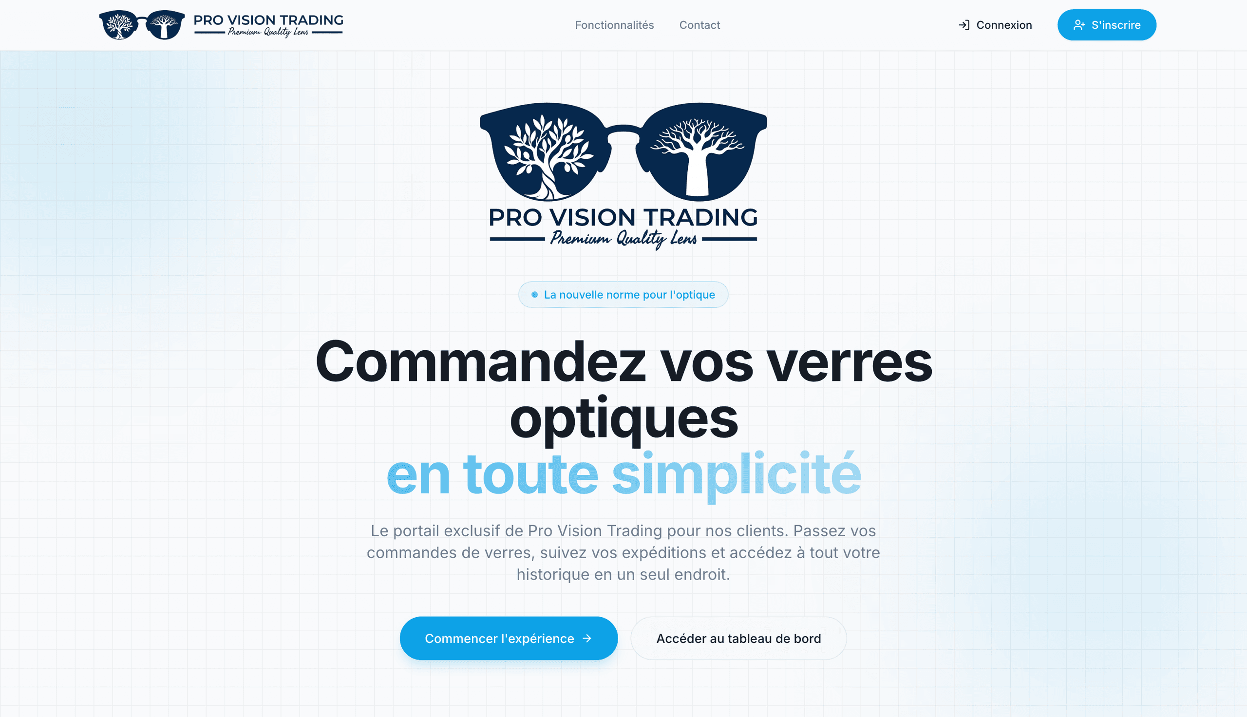 Page d'accueil invitant les opticiens à commander leurs verres via le portail client