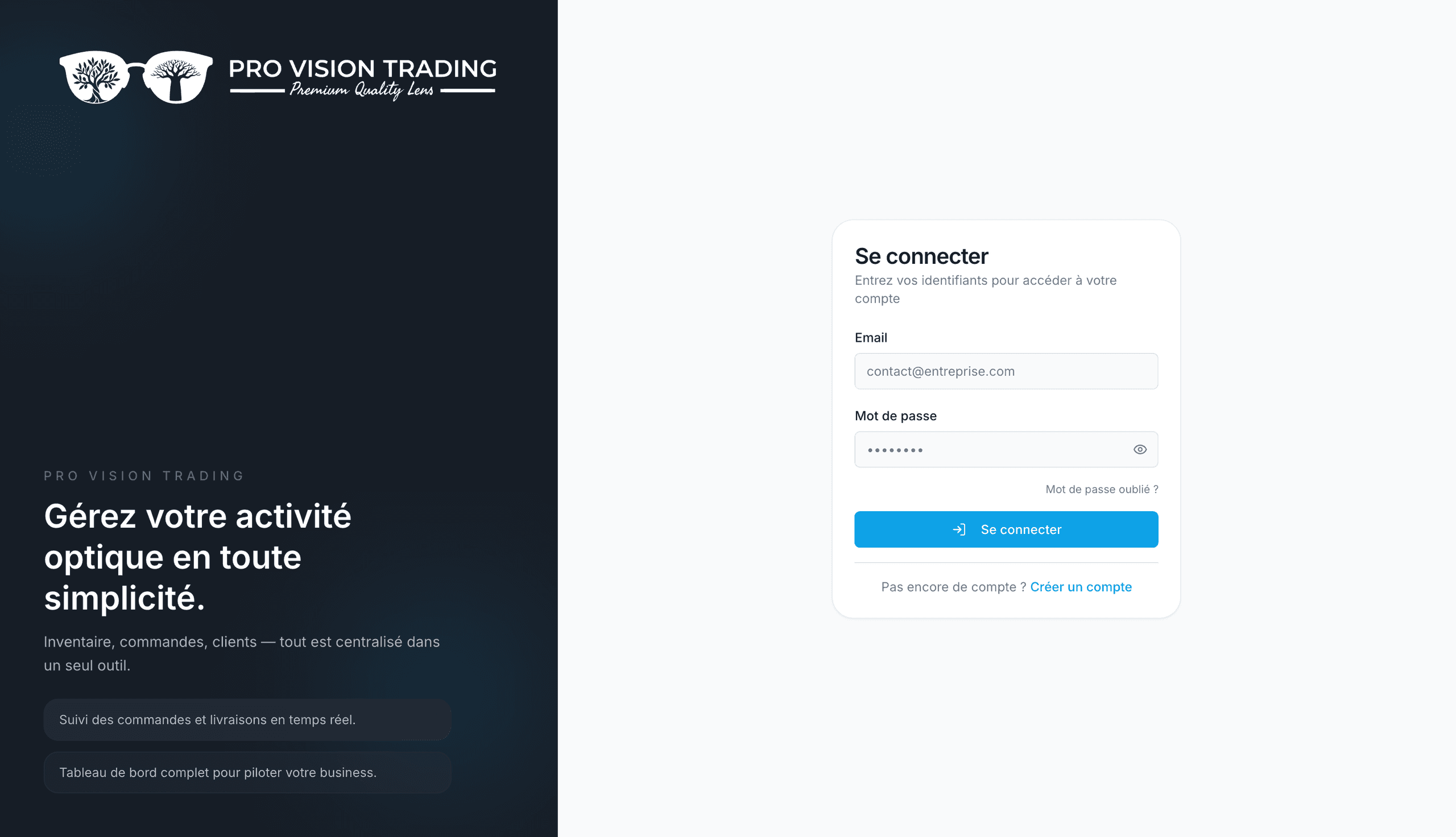 Page de connexion avec le panneau de la marque et le formulaire d'identification