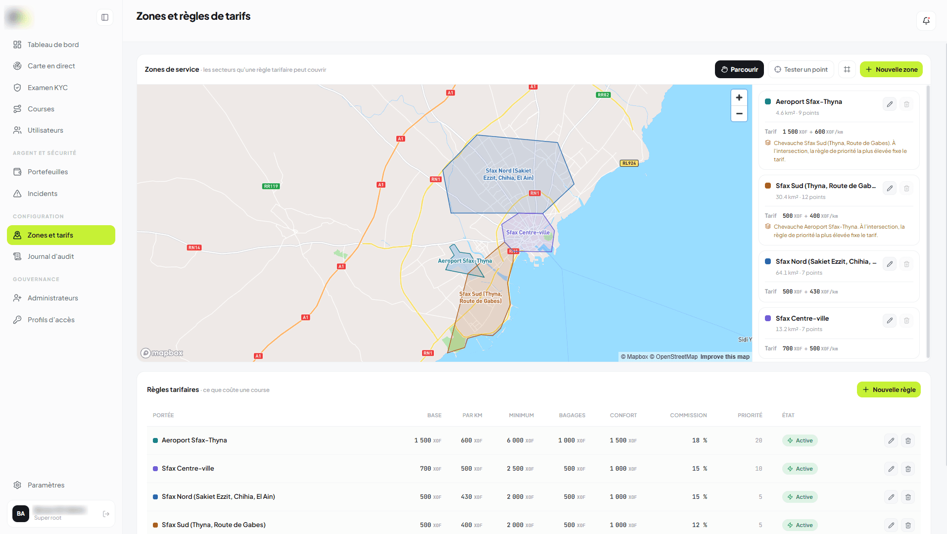 Zones tarifaires dessinées sur la carte, avec le tableau des règles tarifaires : base, prix au kilomètre, minimum, bagages, confort et commission