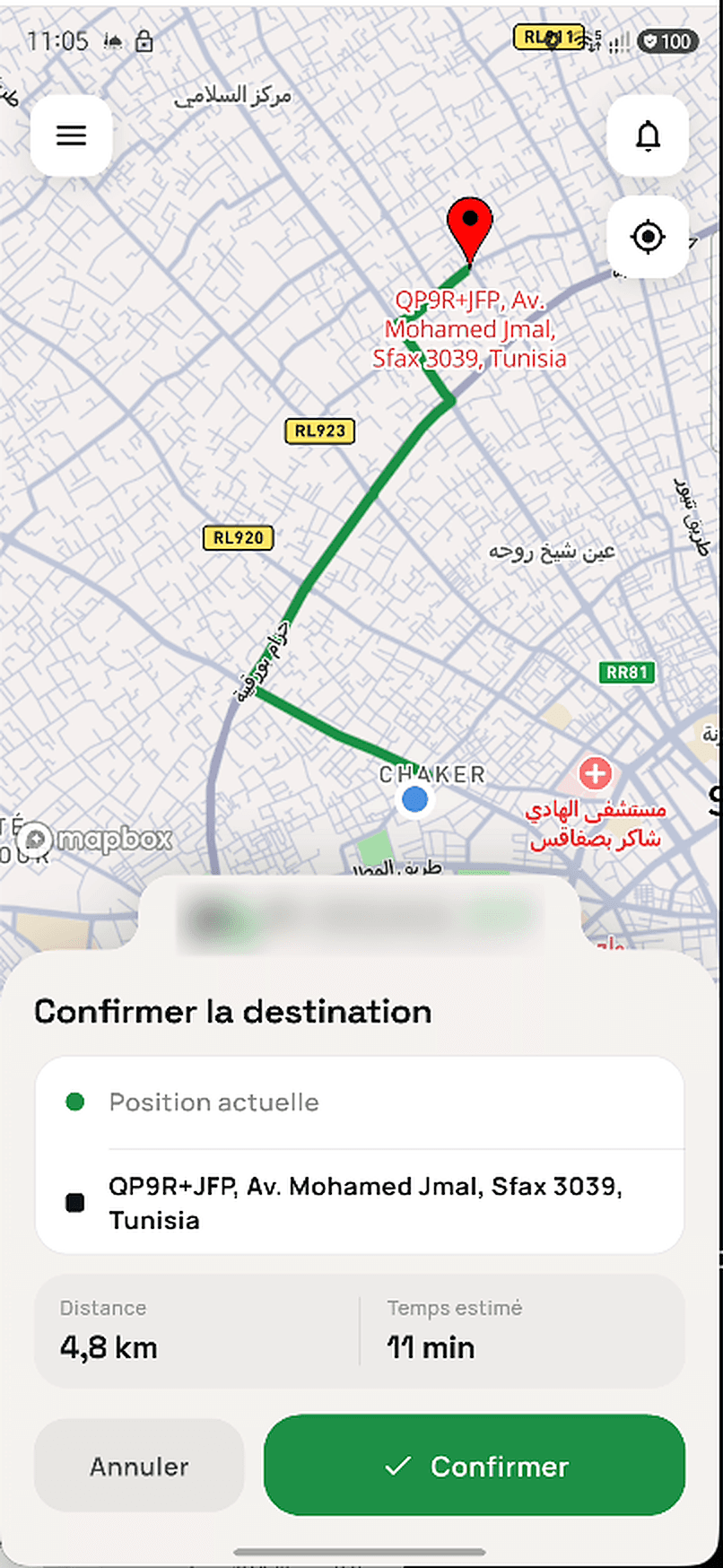 Confirmation de la destination avec l'itinéraire sur la carte, la distance et la durée estimée