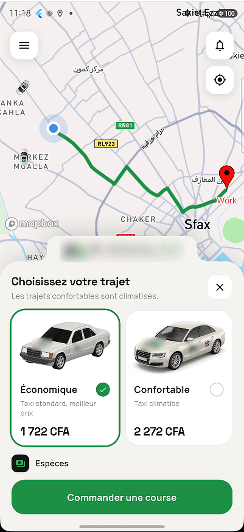Options de course avec un prix fixe pour un taxi standard et un taxi climatisé, payé en espèces