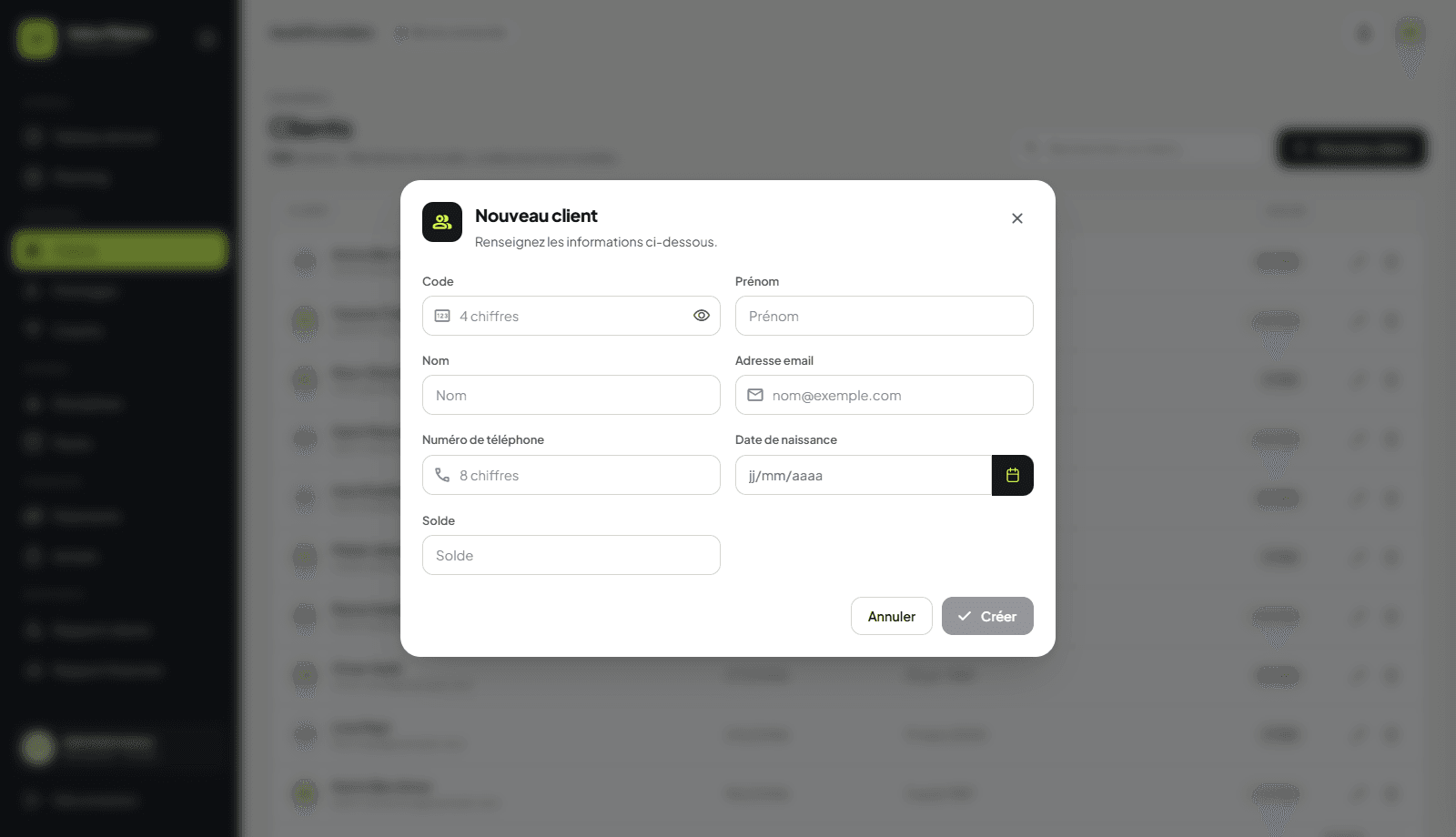 Formulaire de nouveau client avec code borne, coordonnées et solde initial