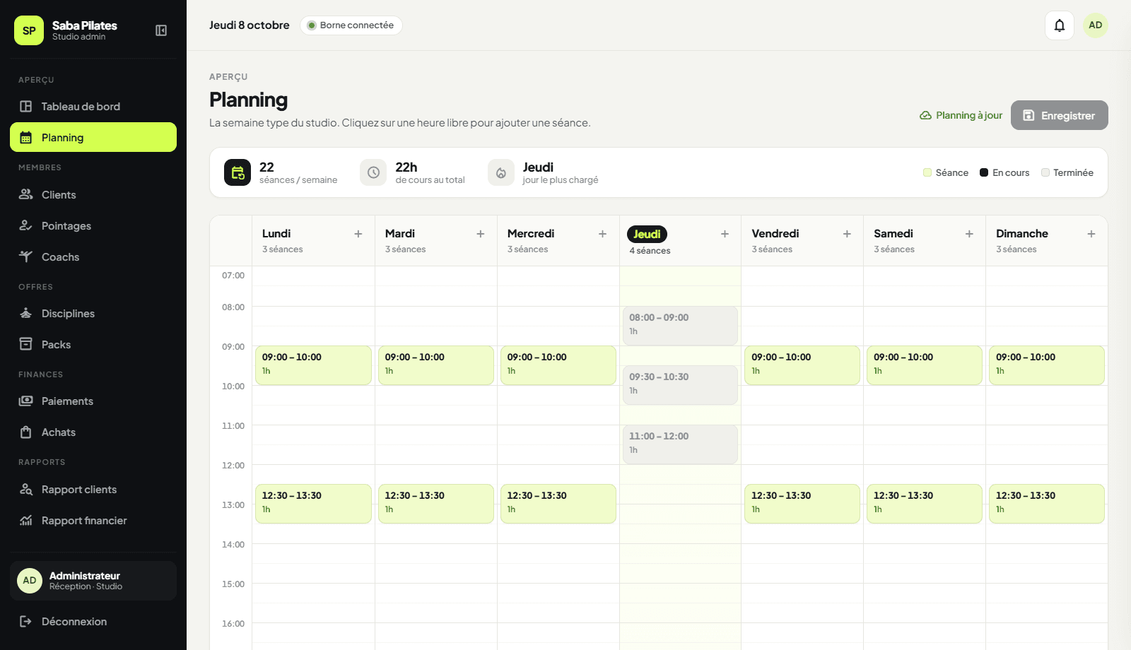 Planning hebdomadaire des séances du studio