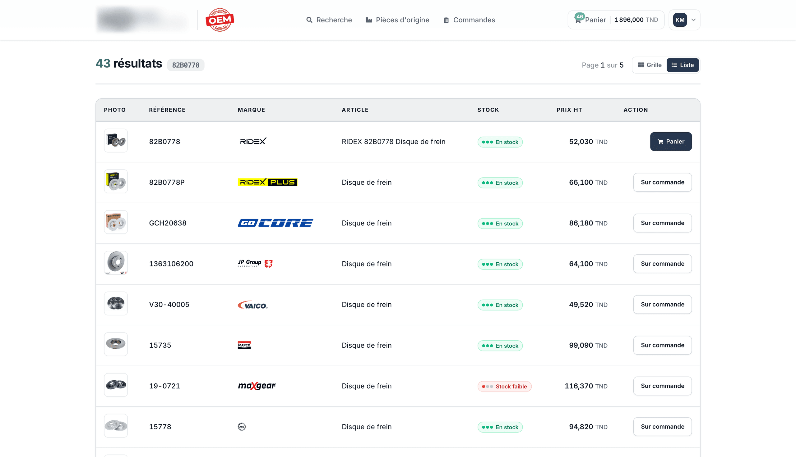 Résultats en liste avec référence, marque, état du stock et prix professionnel