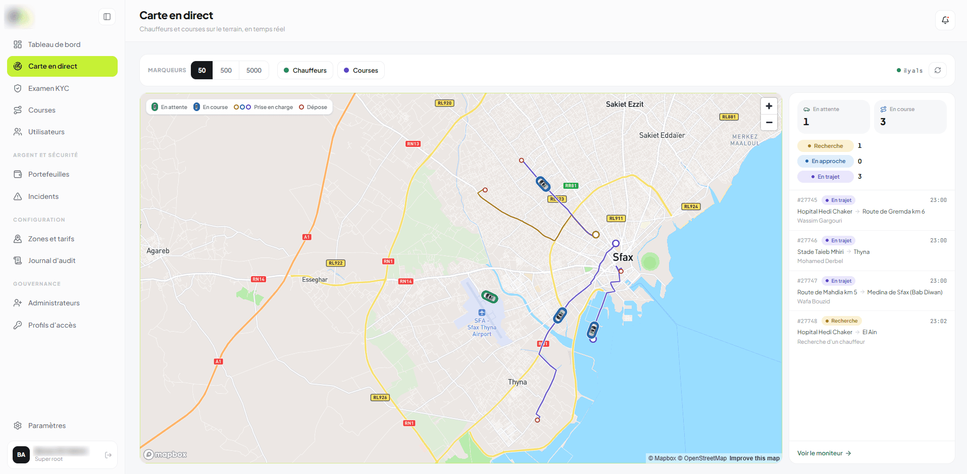 Carte en direct du back-office avec chauffeurs et courses en temps réel, et la liste des courses en cours